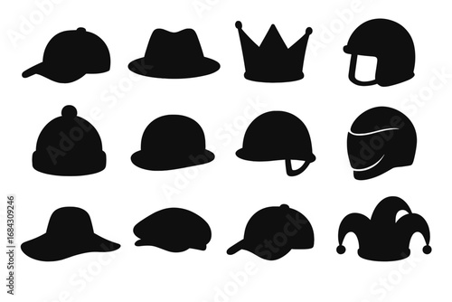 Hat and headwear silhouette icon set. Vector collection of caps, helmets, crowns, and other hats. Includes baseball cap, fedora, beanie, jester, and various helmets.