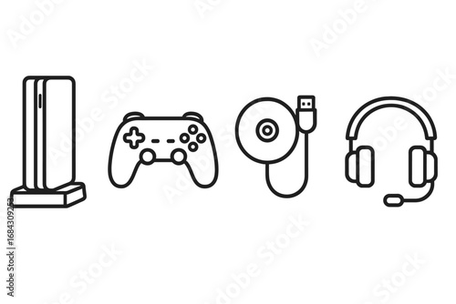 Gaming console and accessories outline icon set. Vector line art of game station, controller, disc, headset. Gamer gear for video games, esports, digital entertainment.