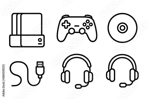 Gaming console and accessories outline icon set. Vector collection for video games. Includes gamepad controller, headset with mic, game disc, console, and USB charging cable.
