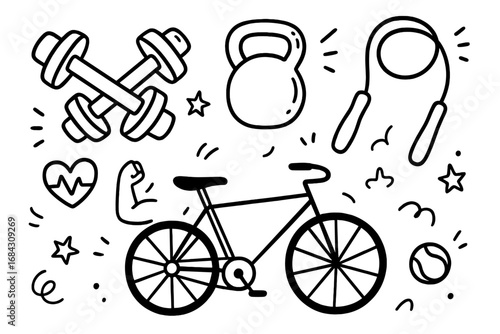 Fitness doodle set with sport equipment. Hand drawn vector illustration of dumbbell, kettlebell, jump rope, bicycle for workout. Healthy lifestyle and gym exercise icons.