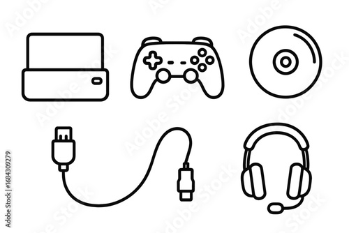 Gaming icon set. Video game line art collection. Gamer accessories vector icons. Console, controller, joypad, headset, game disc, charging cable outline symbols for web.