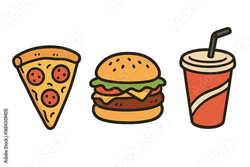 Fast food vector icon set with pizza slice, cheeseburger, and soda drink. Doodle cartoon illustration for junk food menu, restaurant graphics, or takeaway meal concepts.