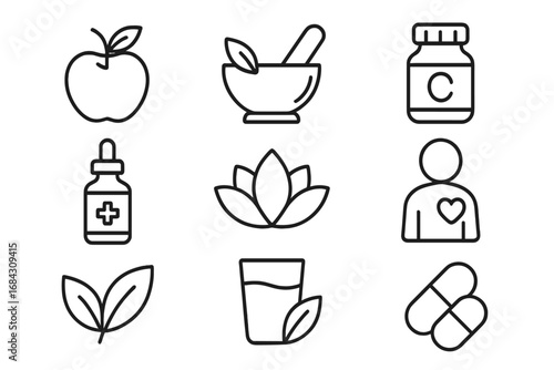 Health and wellness outline icon set. Natural medicine, herbal remedy and vitamin supplement symbols. Healthy lifestyle, organic food and self care linear pictograms.