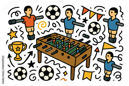 Foosball doodle icon set. Hand drawn table soccer game elements. Vector cartoon illustration of players, ball, trophy, and flags for playful and dynamic sport design concepts.