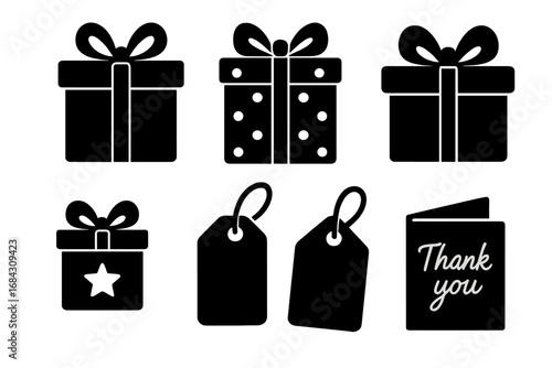 Gift icon set with presents, tags, and thank you card in silhouette style. Vector cartoon illustration of gift boxes with bows for holidays, birthdays, or christmas celebration.