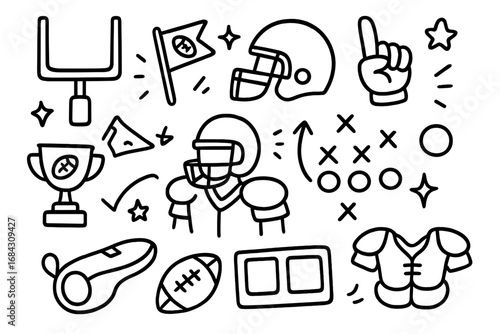 American football doodle icon set. Hand-drawn vector line art collection of sports elements. Includes helmet, ball, player, trophy, whistle, and strategy diagram for game day.