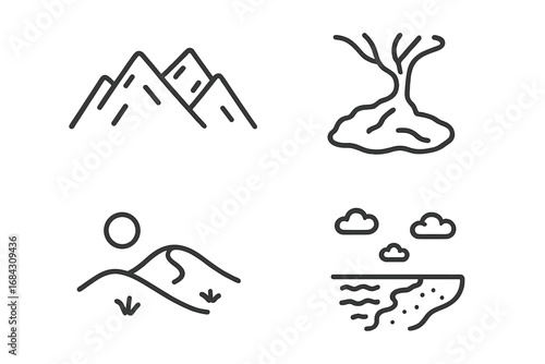 Geographic icon set. Outline icons of mountain range, river delta, desert landscape with dunes and sun, and coastal beach. Vector linear symbols for nature and travel.