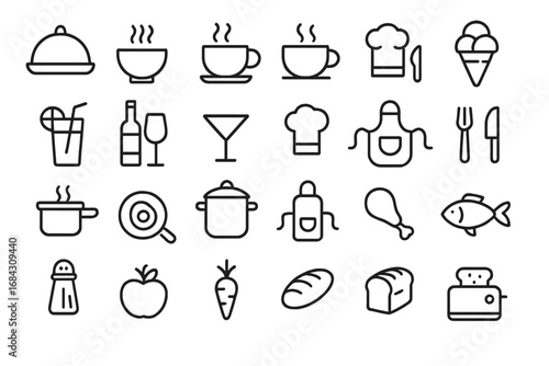 Food and cooking line icon set. Kitchen, restaurant, and cafe outline symbols. Chef hat, pot, pan, cutlery, drink, fruit, bread, fish icons for menu, web, app design.