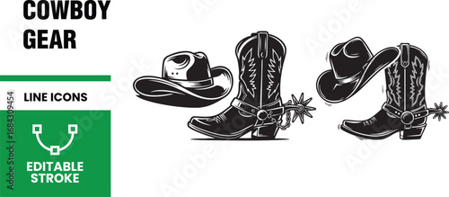 Cowboy gear line icons set of cowboy hat and boots in vintage style vector graphic elements for western design retro fashion country culture traditional symbol