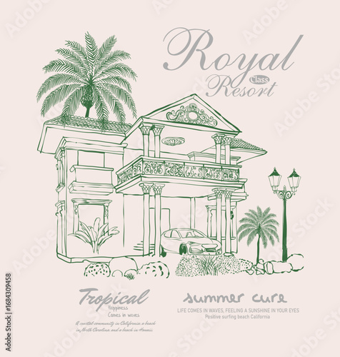 A tropical island beach landscape with palm trees against a summer sky, hand drawn resort drawing , perfects for tee sweat men's women's