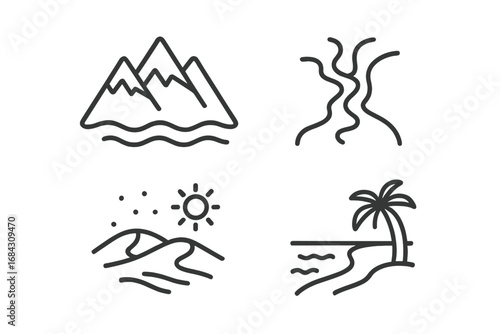 Geographic icon set. Outline vector symbols of earth landscapes. Mountain range, river delta, desert with sun, coastal beach. Line art for travel, geography, nature.