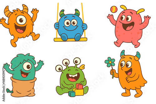 Cute monster character collection. Set of funny cartoon monsters playing. Happy colorful alien mascots for kids. Vector illustration pack of playful creatures in various activities.