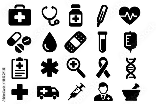 Healthcare medicine solid glyph icon set. Pharmaceutical medical symbols collection. Vector illustration for doctor, hospital, emergency, pharmacy, science and health.