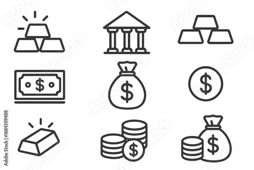 Finance and banking thin line icon set. Gold bars, currency, bank, money bag vector icons. Concept of wealth, savings, investment, economy, profit, and payment design.