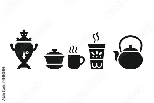 Tea icon set of global tea culture. Vector glyph collection with samovar, gaiwan, masala chai cup, Moroccan glass and teapot. Hot drink and beverage symbols silhouette.