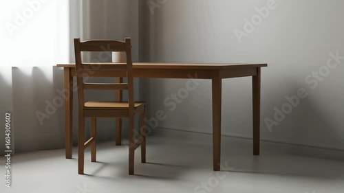 Wooden table and chair next to a window with sheer curtains