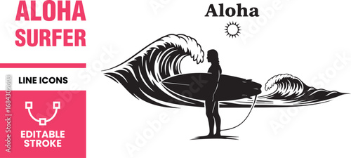 Aloha surfer girl with surfboard on a wave, a tropical summer beach scene for surfing and water sports, perfect for vacation and adventure