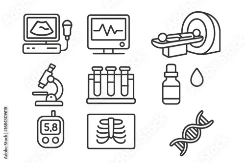 Medical technology line icon set. Healthcare diagnostics vector icons. Ultrasound, MRI, ECG, X-ray, DNA, microscope, lab test. Hospital, clinic, research symbols.
