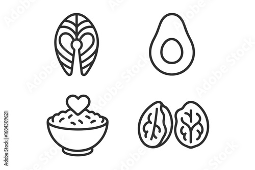 Heart healthy food icon set. Vector outline icons of salmon, avocado, oatmeal, and walnuts. Nutrition for cardiovascular health, diet, and lower cholesterol concept.