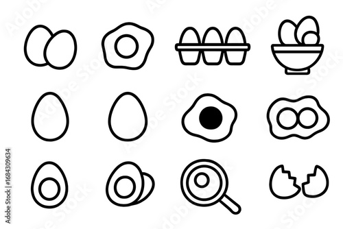Egg icon set in a thin line style. Vector collection of breakfast food symbols like fried egg, boiled egg, yolk, shell, and carton. Simple outline icons for cooking.