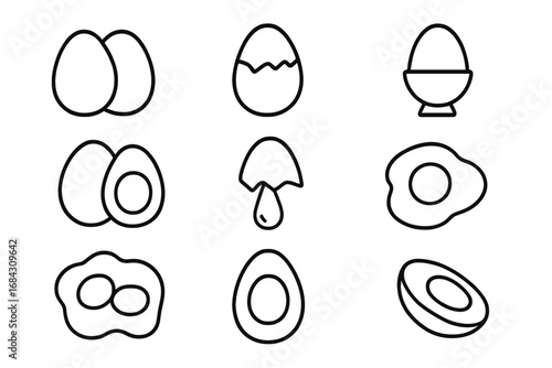 Egg food line icon set. Vector collection of boiled, fried, scrambled, cracked eggs for breakfast menu, web, app. Outline cooking and meal preparation symbols.
