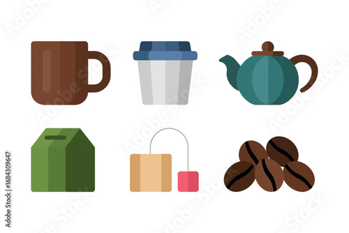 Tea and coffee beverage icon collection, mug teapot takeaway cup beans bag sugar cube, warm drink graphics set