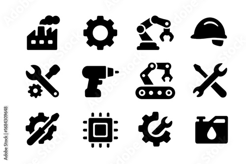 Industry solid glyph icon set. Engineering, automation, and manufacturing symbols. Factory, robotic arm, tools, production, maintenance, technology, and repair vector collection.