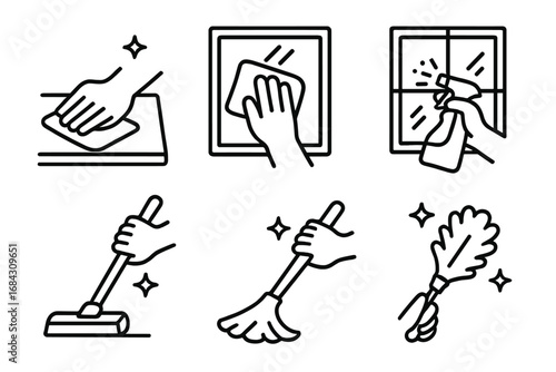 Home cleaning icons set. Outline vector illustration of housekeeping chores. Hand wiping counter, washing window, mopping floor, dusting. Hygiene and disinfection service concept.