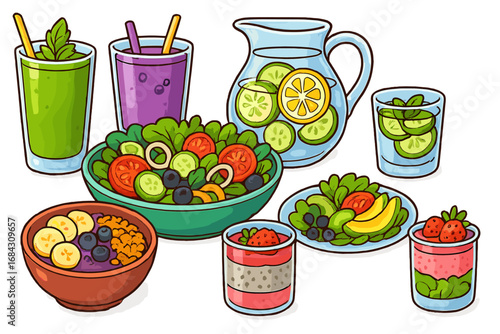 Healthy eating concept. Set of fresh organic food and drinks: salad, smoothie, detox water, fruit dessert bowl. Vector illustration for wellness, diet, nutrition, vegan menu.