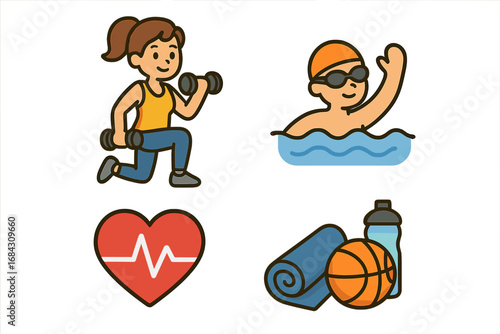 Fitness and wellness icon set with woman exercising with dumbbells, swimmer, heart health symbol, and sports equipment. Vector cartoon illustration for gym and active lifestyle.