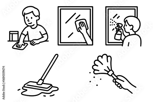 Home cleaning outline icon set. Vector cartoon illustrations of domestic chores. Man wiping counter, window cleaning with spray and cloth, floor mopping, hand dusting.