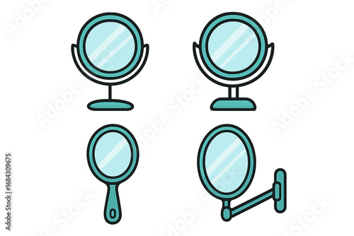 Mirror icon set. Cosmetic makeup mirrors symbol collection. Vector cartoon illustration of hand, vanity, and wall-mounted mirrors for beauty, grooming, and personal care.