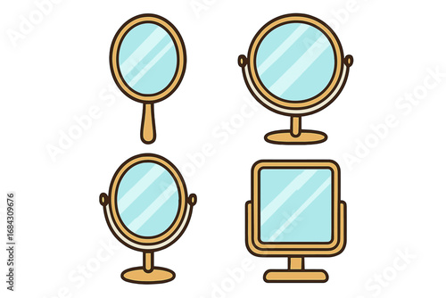 Mirror icon set. Cosmetic makeup mirror collection. Hand mirror and tabletop vanity mirror with stand. Vector cartoon illustration for beauty, skincare, and salon concepts.