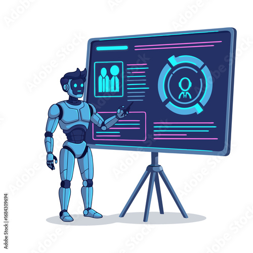 A man and a robot work together on a data analysis and software development project