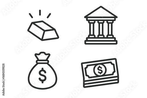 Finance and money thin line icon set. Gold bar, bank building, money bag, and cash dollar bills. Vector symbols for banking, investment, wealth, and economy concepts.