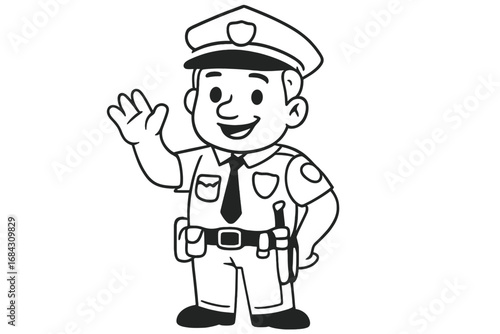 Friendly police officer waving hand. Black and white vector cartoon illustration for kids. Policeman character in uniform. Law enforcement, public safety concept. Line art drawing for coloring.