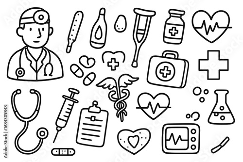 Hand drawn medical doodles set. Vector cartoon illustration of doctor tools and symbols. Healthcare, hospital and pharmacy icons. Medicine, first aid and emergency elements.