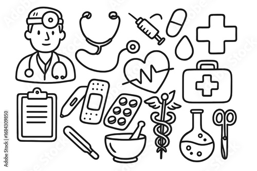 Hand drawn medical icon set. Healthcare doodles with doctor, stethoscope, syringe, pills, and first aid symbols. Vector line art illustration for clinic, hospital, and pharmacy concepts.