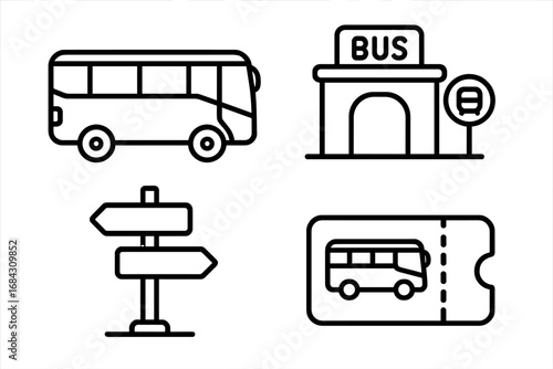 Intercity bus travel outline icon set. Coach, shuttle, bus station, terminal, route signpost, and ticket icons. Vector illustration for public transportation concepts.