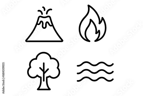 Four elements outline icon set. Fire, water, earth, air symbols. Volcano, tree, and wave icons. Simple minimalist vector logo collection for nature or environment concepts.