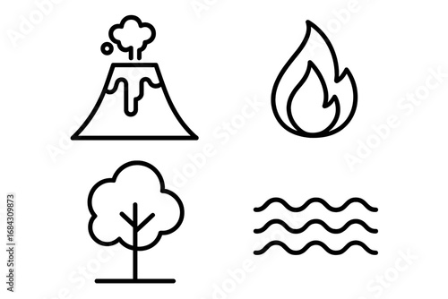 Nature elements outline icon set. Four classical elements: earth, air, fire, water. Vector symbols of volcano, tree, flame, wave. Minimalist line art pictogram collection.