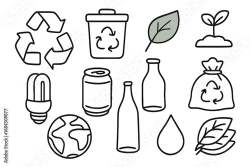 Hand drawn recycling icons set for sustainability. Eco friendly and zero waste concept with doodle elements. Vector line art illustration of earth, leaf, can, and bottle.