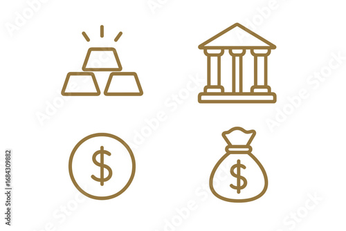 Finance and banking line icon set. Gold bars, bank building, dollar coin, and money bag symbols. Business, investment, wealth, and economy concept. Editable stroke vector.