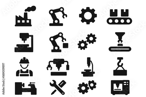 Manufacturing and mechanical solid icon set. Industrial process symbols collection with factory, robotic arm, conveyor, cnc machine, gear, worker and automation pictogram.