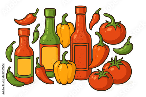 Hot sauce bottles with fresh chili peppers and tomatoes. Vector cartoon illustration set for spicy food design. Mexican cuisine ingredients, condiments collection. Isolated clipart.