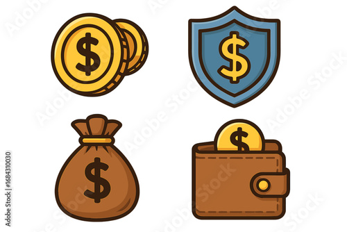 Money savings and insurance icon set. Financial security and investment concept. Vector icons of dollar coin, shield, money bag and wallet for web, app and print design.