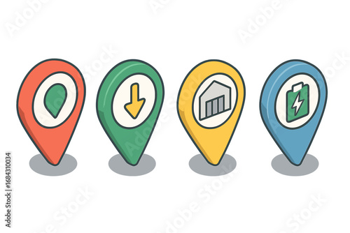 Map marker icons set. Isometric GPS pins for navigation. Location symbols for pickup point, drop-off, warehouse & EV charging station. Vector cartoon illustration for logistics.