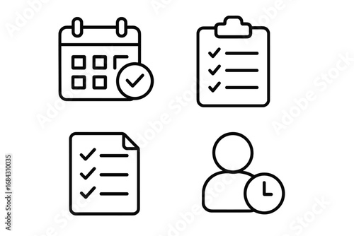 Task management and productivity outline icon set. Schedule, checklist, project plan, and to-do list linear symbols. Business organization, agenda, and deadline concept.