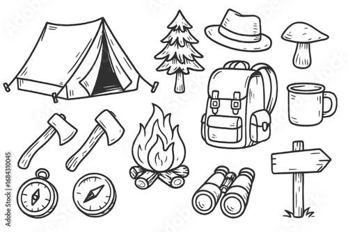 Hand drawn camping icon set. Outdoor adventure doodle elements. Tent, backpack, campfire, compass, axe vector symbols. Hiking, trekking, and survival gear sketch collection.