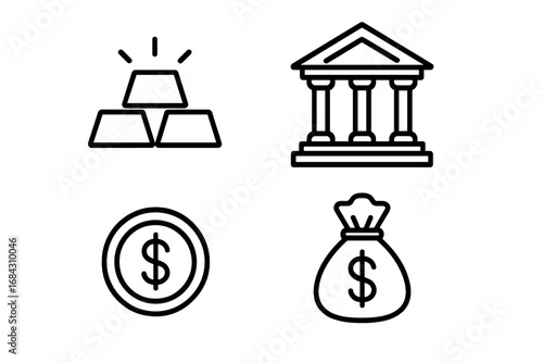 Finance and banking line icon collection. Outline vector symbols of wealth, investment and economy. Includes gold bars, bank building, dollar coin and money bag illustration.